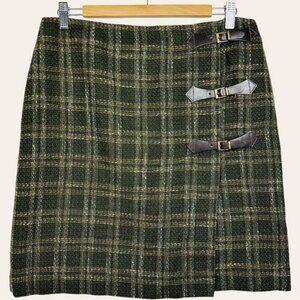 Jones Wear Vintage 80s Wool Blend Green Plaid Buckle Wrap Skirt Grunge Punk 12
